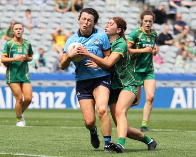 Dublin's Leah Caffrey clashes with Ciara Smith of Meath during the 2024 Leinster Final. Credit Maurice Grehan. Image