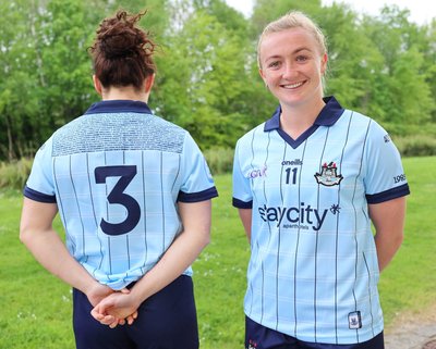 All seventy-four Dublin LGFA affiliated clubs are listed on the back of this traditional sky-blue jersey. Credit Maurice Grehan. Image