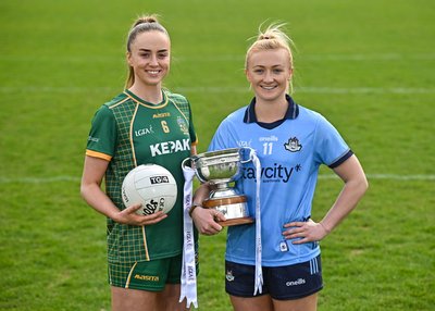 Meath Captain, Aoibhín Cleary alongside Dublin Captain Carla Rowe. TG4 LSFC Launch 12th Apr 2025. Credit Sportsfile Image